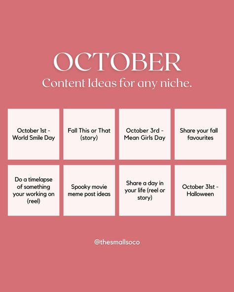 Save this post for later - October content ideas! 🍂 October Content Ideas, Mean Girls Day, World Smile Day, Facebook Content, October Fashion, Spooky Movies, Hello October, Content Ideas, Debt Free