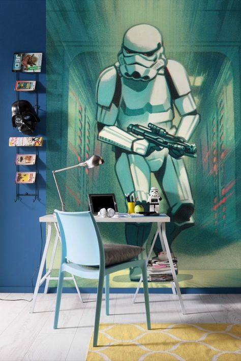 The Stormtrooper in combat mode can no longer be stopped. --Star Wars children room. Star Wars Mandalorian wallpaper. Star Wars Mandalorian wallmural. Star Wars Mandalorian wall design. Stormtrooper wallpapers. @komarproducts Boys Bedroom Wallpaper, Bedroom Wallpapers, Wallpaper Walls Bedroom, Wallpaper For Wall, Star Wars Decor, Feature Wallpaper, Star Wars Stormtrooper, Wood Wallpaper, Wallpaper Bedroom