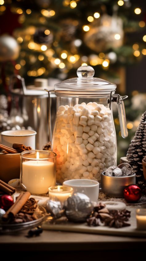 Hot Chocolate Christmas Aesthetic, Hot Chocolate Bar Aesthetic, Chocolate Station Christmas, Kitchen Hygge, Hot Cocoa Aesthetic, Hot Chocolate Station Ideas, Drinks Hot Chocolate, Hot Chocolate Aesthetic, Hot Chocolate Decor