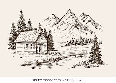 Similar Images, Stock Photos & Vectors of House Mountain Snow Landscape Hand Drawn - 562235197 | Shutterstock Landscaping Sketch, Landscape Pencil Drawings, Mountain Drawing, Nature Art Drawings, Landscape Sketch, Hand Drawn Vector Illustrations, Wood Burning Art, Desenho Tattoo, Cabin In The Woods