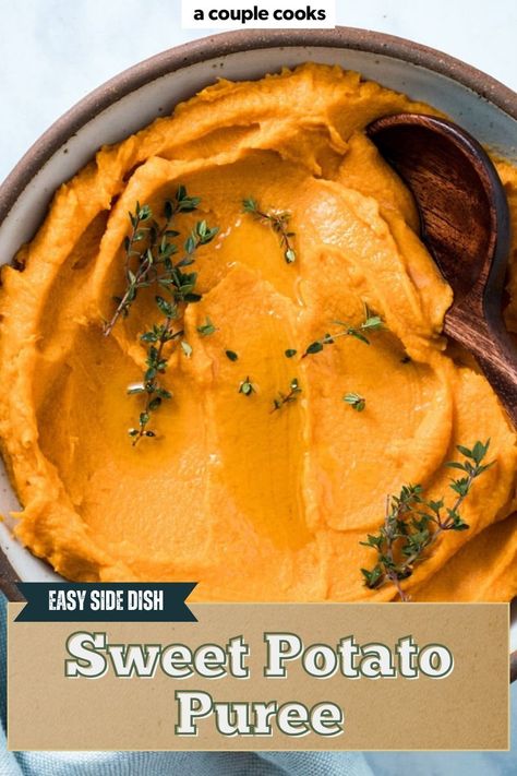 Enjoy this luscious sweet potato puree! Silky smooth, it’s perfect as a side dish or as a component of other recipes for fall and Thanksgiving. Puree Carrots Recipes, Pureed Sweet Potato Recipes, Sweet Potato Puree Recipes, Sweet Potato Recipes Thanksgiving, Sweet Potato Puree Baby, Potato Puree Recipe, Antihistamine Diet, Sweet Patato, Sweet Potato Puree