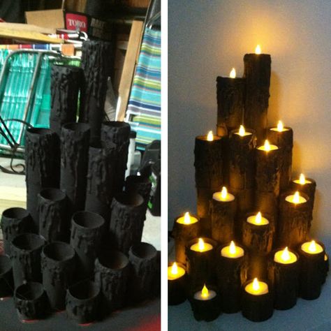 HALLOWEEN FAUX BURNING CANDLES DIY Just as I suspected! An awesome use for tp rolls! Diy Halloween Dekoration, Dekorasi Halloween, Uhyggelig Halloween, Halloween Decor Diy, Casa Halloween, Halloween Memes, Candles Diy, Festa Harry Potter, Diy Halloween Decor