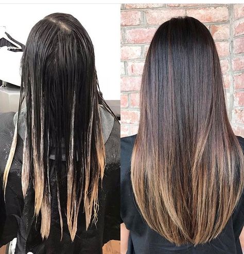 Balayage Straight Hair Black, Black Hair Vs Balayage, Balayage For Dark Brown Hair Straight Medium, Long Straight Hair Highlights, Bayalage Straight Hair Dark, Strip Highlight Hair, Fall Hair Colors For Straight Hair, Balayage For Black Hair Straight, Long Brunette Hair Balayage Straight