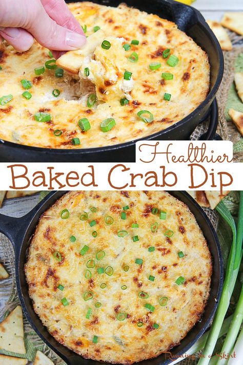 An Easy Hot Crab Dip recipe that's made with a few healthy swaps without sacrificing flavor.  This creamy, cheesy and crab meat filled dip is perfectly spiced and downright irresistible. Easy Hot Crab Dip, Warm Crab Dip, Warm Dip Recipes, Baked Crab Dip, Hot Crab Dip Recipe, Crab Dip Recipe, Baked Crab, Lump Crab Meat, Flexitarian Recipes