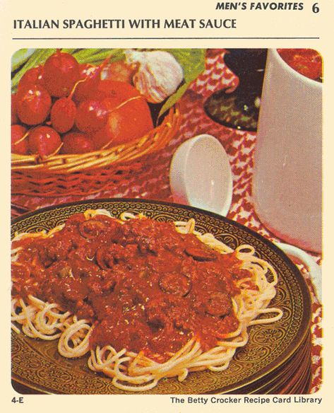 Italian Spaghetti with Meat Sauce. This is one of my favorite spaghetti recipes. So tasty and well-seasoned. It's from a 1971 Betty Crocker plastic recipe box. It's in the Men's Favorites category. Homemade Italian Spaghetti Sauce, Betty Crocker Recipe Card Library, Italian Spaghetti Sauce, Giki Tiki, Italian Meat Sauce, Betty Crocker Recipe Cards, Campbells Soup Recipes, Spaghetti Meat Sauce, Betty Crocker Recipes