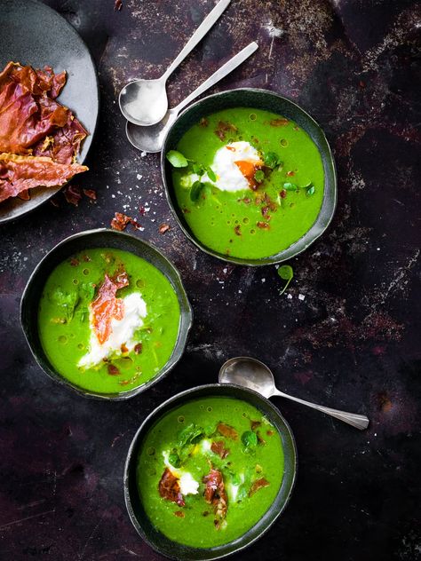 Green Gazpacho Recipe with Burrata and Prosciutto | olivemagazine Green Gazpacho Recipe, Green Gazpacho, Soup Art, Tomato Gazpacho, Gazpacho Soup, Fast 800, Gazpacho Recipe, Chilled Soup, Summer Soup