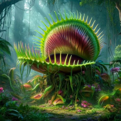 Marvel at the colossal Venus flytrap, towering over its surroundings in a lush jungle. With its enormous traps large enough to capture a small animal, this plant exudes both beauty and danger. Its vibrant hues and intricate design make it a standout in the plant kingdom. #VenusFlytrap #Nature'sWonders #BotanicalBeauty #CarnivorousPlants #NatureExploration Large Venus Fly Trap, Venus Fly Trap Monster, Plant Monsters, Venus Flytrap Plant, Monster Plant, Walk Ideas, Trap Art, Lush Jungle, Plant Monster