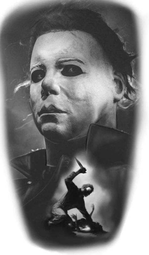 Michael Myers Drawing Pencil, Mike Myers Tattoo, Michael Myers Tattoo Stencil, Michael Myers Black And White, The Exorcist Tattoo, Horror Portrait Tattoo, Michael Myers Portrait, Texas Chainsaw Tattoo, Michael Myers Tattoo Design