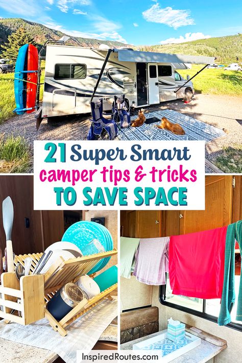 21 Genius Camper Tips and Tricks to Save Space and Stay Organized - Inspired Routes First Time Rv Camping Tips, Camping Trailer Must Haves, Rv Travel Tips, Tiny Rv Living, Class A Rv Hacks, Rv Camping For Beginners, Camping Trailer Hacks Tips And Tricks, Camper Camping Hacks, Van Camping Hacks