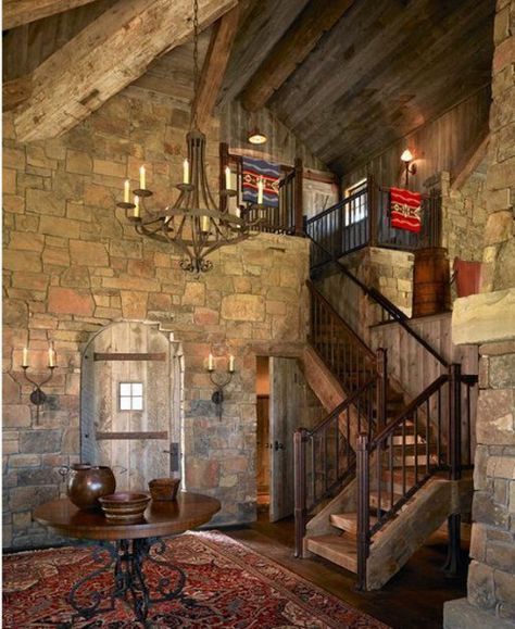 Eclectic Entryway, Castle Interior, Wrought Iron Chandeliers, Castles Interior, Rustic Stone, Iron Chandeliers, Rustic Living, Rustic Living Room, Stone Houses