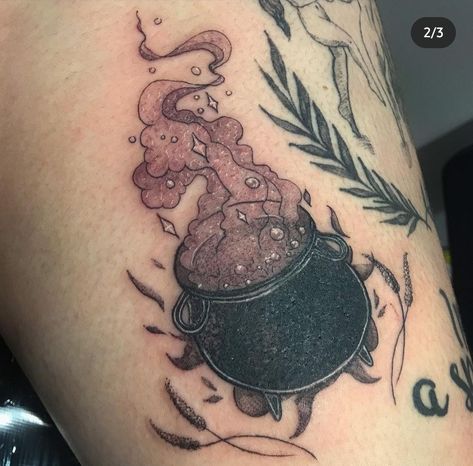 Cauldron With Flowers Tattoo, Couldren Tattoo Design, Acotar Cauldron Tattoo, Cauldron Tattoo Ideas, Couldren Tattoo, Cauldron Tattoo, Magic Tattoo, Spooky Tattoos, Vintage Drawing