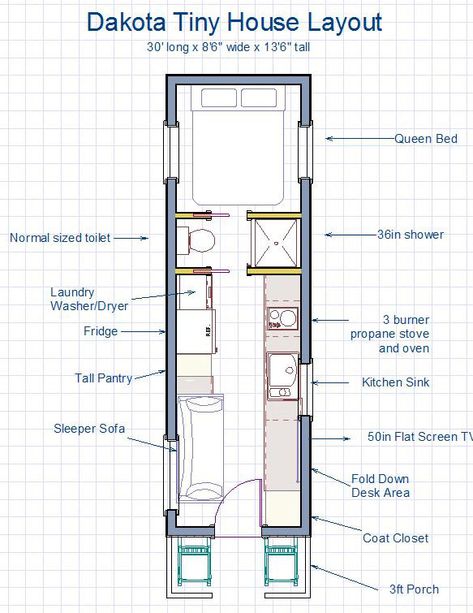 Dakota Tiny Houses. These houses can be moved without any special "oversized" highway permits and towed by a 1 ton truck. Mini Loft, Small Tiny House, Container Ideas, Tiny House Layout, Tiny House Floor Plans, Casa Container, Tiny House Movement, Tiny Spaces, Mobile Homes