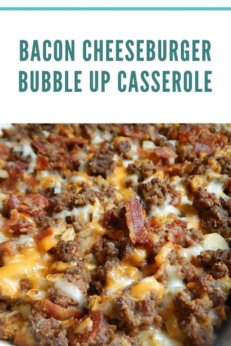 This bubble-up casserole is simply delicious! Super easy to make and I promise you the whole family will enjoy this simple dish. Makes 6 generous servings at 7 smart points or 6 points plus each. #baconcheeseburger #casserolerecipe Bubble Up Casserole, Bacon Cheeseburger Casserole, Bacon Casserole, Hamburger Casseroles Recipes, Hamburger Casserole, Cheeseburger Casserole, Hamburger Meat Recipes, Bubble Up, Cheese Burger