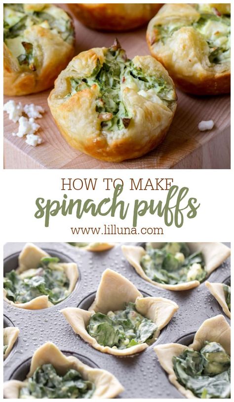 Buttery spinach puffs are cheesy and savory with pops of bacon. As you can imagine, they are a hit at parties! #spinachpuffs #cheesyspinachpuffs #spinach #appetizers #puffpastry Spinach Puffs Recipe, Spinach Appetizers, Spinach Cheese Puffs, Spinach Puffs, Cheese Puffs Recipe, Spinach Puff, Pastry Appetizer, Puff Recipe, Puff Pastry Recipes