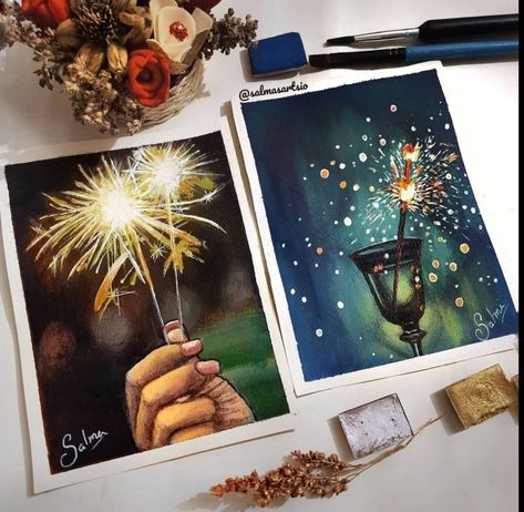 Festival Painting Ideas, Diwali Painting Watercolour, Drawing Of Fireworks, Diwali Painting Ideas, Watercolour Calendar, Diwali Painting, Polaroid Painting, Festival Paint, Gold Art Painting