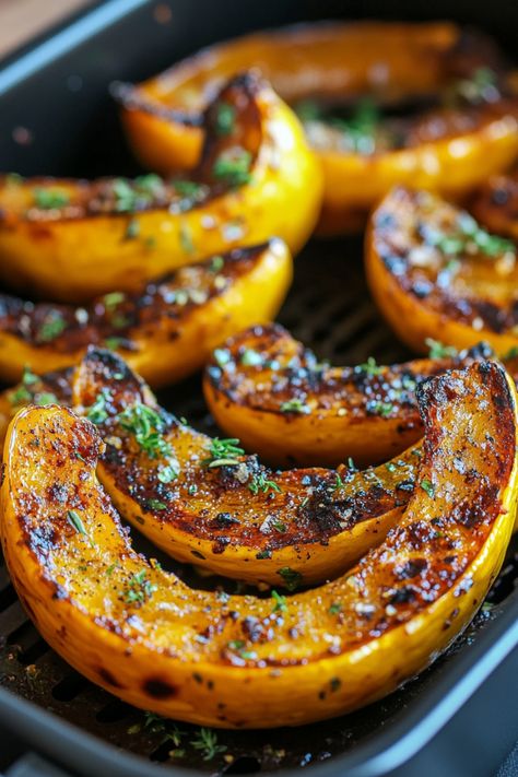 Roasted pumpkin wedges seasoned with herbs and spices in a baking tray. Acorn Squash Fries Air Fryer, Acorn Squash Fries, Acorn Squash Recipe Air Fryer, Honey Squash Recipe, Savory Acorn Squash, Air Fryer Acorn Squash, Air Fryer Squash, Acorn Squash Recipes Healthy, Acorn Squash Stuffed