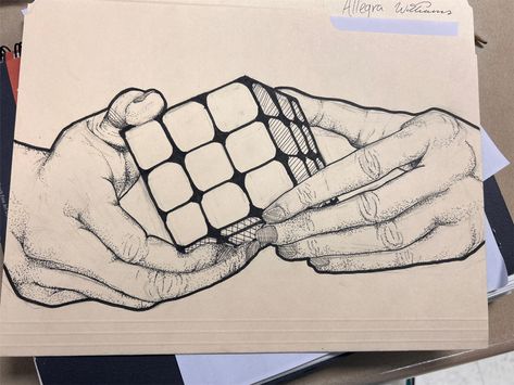 Clean black and white How To Draw A Rubix Cube, Rubix Cube Drawing, Rubix Cube Art, Rubric Cube, Rubik's Cube Solve, Hands Drawing, Rubix Cube, Project Work, Drawing Sketches