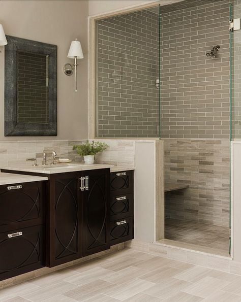 Benjamin Moore - Silver Fox - natural stone, greige tile, greige tiled shower surround, natural s... Benjamin Moore Gray, Minimalistic Interior, Casa Clean, Shingle Style Homes, Shower Designs, Interior Vintage, Interior Minimalista, Master Bath Remodel, Shower Tile Designs