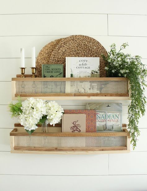 DIY Pocket Shelves with Faux Cane Webbing Shelf For Beauty Products, Rattan Projects Diy, Cane Diy Ideas, Diy Boho Shelves, Diy Boho Shelf, Caning Furniture Diy, Cane Decor Ideas, Wood Shelves Diy, Pocket Shelves