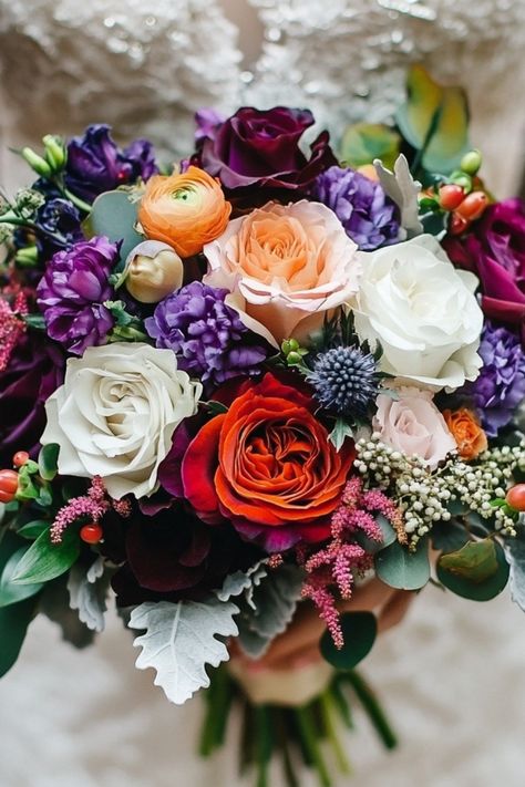 25 Beautiful Fall Wedding Flowers and Bouquet Ideas - Yeah Weddings Fall Wedding Purple Color Scheme, Plum And Orange Wedding, Light Orange Wedding, Purple Fall Wedding, Fall Wedding Bouquet, Wedding Bouquet Ideas, Beautiful Fall Wedding, Fall Wedding Bouquets, Fall Wedding Flowers