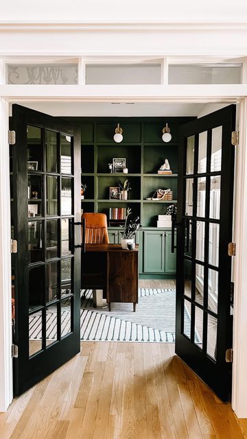 Home Sweet Starnes | Arianna on Instagram Office French Doors Study, Green Built Ins, Home Office French Doors, Deans Office, Home Office With French Doors, French Country Home Office, French Doors Office Study, Country Home Office, Game Movie Room