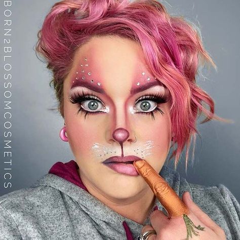 Pink Cat Makeup Halloween, Pink Bunny Makeup Halloween, Bunny Face Paint For Women, Pink Bunny Makeup, Cute Bunny Makeup Halloween, Pink Cat Makeup, White Bunny Makeup, Pig Makeup Halloween, Scary Bunny Makeup