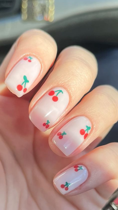 Green Nails With Cherries, Short Cherry Nails Designs, Easy Cherry Nails, Cherry Summer Nails, Summer Cherry Nails, Simple Cherry Nails, Summer Nails Cherry, Short Cherry Nails, Cherry Nails Design