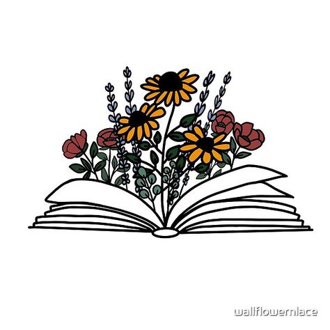 Wildflowers & Book by wallflowernlace | Redbubble Book With Flowers Coming Out Drawing, Book With Flowers Painting, Flowers Coming Out Of Book Drawing, Wildflower Coloring Pages, Book With Flowers Drawing, Wildflower Drawing Simple, Wildflower Doodles, Whimsical Writing, Wildflowers Drawing