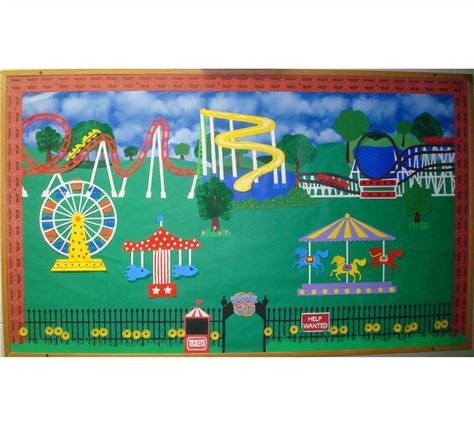 Amusement park bulletin board Summer Bulliten Board Ideas, Circus Bulletin Boards, Carnival Bulletin Boards, Carnival Classroom, World Bulletin Board, Soft Board Decoration, Church Library, Office Bulletin Boards, Kids Bulletin Boards