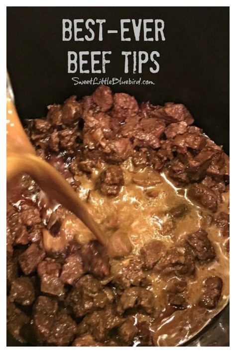 BEST-EVER BEEF TIPS- Tender beef cooked in a deliciously rich gravy, served over rice, mashed potatoes or egg noodles - a satisfying, filling meal the whole family will love. Simple to make comfort food that's easy to adapt to your taste! #BeefTips #Beef #Best #Recipe #MainDish Best Ever Beef Tips, Beef Tip Recipes, Beef Tips And Gravy, Best Beef Recipes, Stew Meat Recipes, Beef Stew Meat, Beef Tips, Stew Meat, Beef Recipes Easy