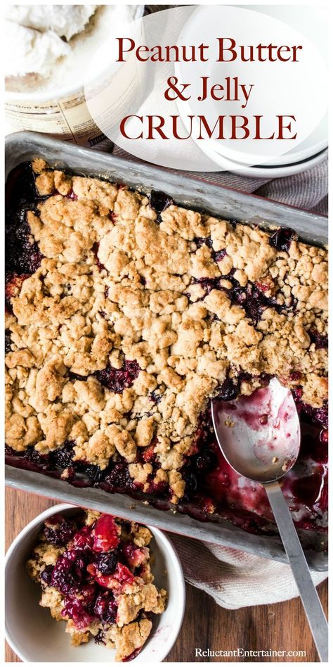 Peanut Butter and Jelly Crumble, a perfect holiday dessert served with vanilla ice cream. BEST PB&J recipe with fresh berries, for any holiday or gathering! #berrycrumble #peanutbutterandjelly #peanutbutterandjellycrumble #dessertrecipes Peanut Butter Jelly Recipes, Cream Cheese Bars, Fruit Crumble, Berry Crumble, Holiday Eating, Crumble Recipe, Peanut Butter And Jelly, Peanut Butter Jelly, Holiday Dessert