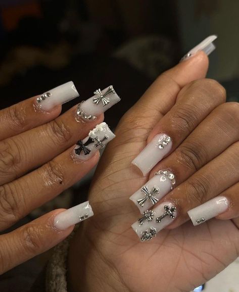 Cute Nail Sets, Grey Acrylic Nails, Bday Nails, Cross Nails, Punk Nails, Duck Nails, Colored Acrylic Nails, White Acrylic Nails, Girly Acrylic Nails