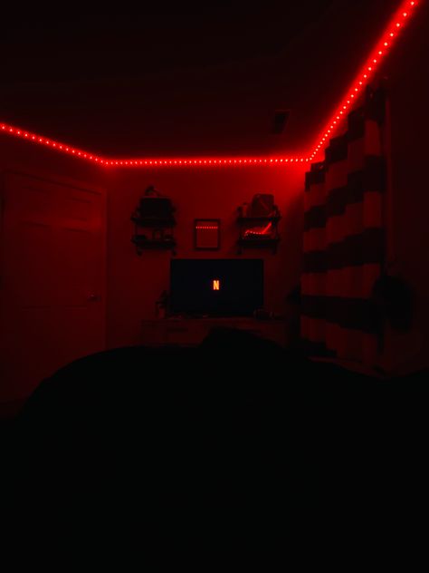 Bedroom Led Lights Boy, Dark Room Led Lights, Red Lights In Bedroom, Red Led Room Aesthetic, Red Lights Bedroom, Red Boys Bedroom, Led Room Lighting, Red Ceiling, Led Lighting Bedroom