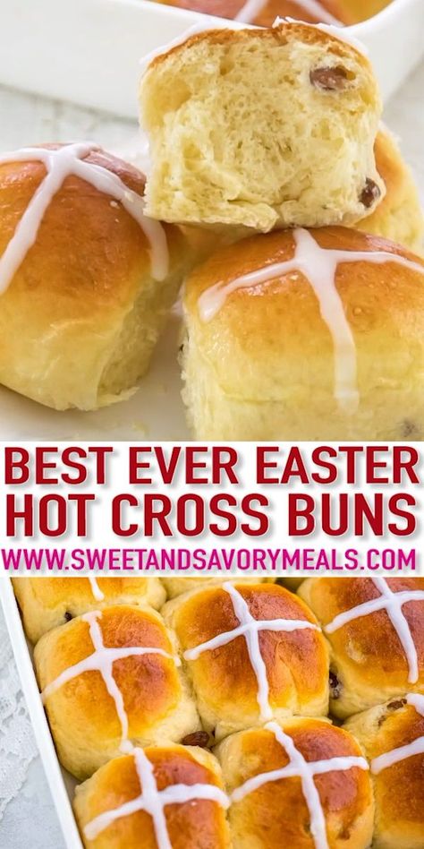 Hot Cross Buns are slightly sweet, spiced with cinnamon, and perfectly puffy. They became an Easter tradition to celebrate Good Friday. #buns #hotcrossbuns #easter #easterrecipes #sweetandsavorymeals #recipevideo #breadrecipes Hot Cross Buns Recipe Easy, Chocolate Hot Cross Buns, Easter Hot Cross Buns, Cross Buns Recipe, Focaccia Dolce, Hot Cross Buns Recipe, Savory Meals, Buns Recipe, Easter Bread