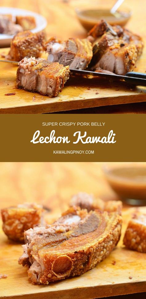 Lechon Kawali is a popular Filipino dish made with pork belly simmered until tender and then deep-fried until golden and crisp. With crunchy skin and super moist meat, every morsel is pork heaven! via @lalainespins Lechon Kawali Recipe, Panlasang Pinoy Recipe, Pork Belly Strips, Kawaling Pinoy, Lechon Kawali, Filipino Dish, Pinoy Recipes, Pork Belly Recipes, Crispy Pork Belly