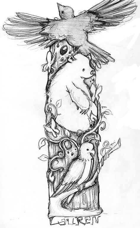 Native American folk lore totem animal pole. To accompany the sparrow that already resides on my back =] Totem Pole Drawing, Totem Pole Tattoo, Native American Totem Poles, Totem Tattoo, Native American Totem, Tattoo Animal, Native Tattoos, Totem Animal, Pole Art