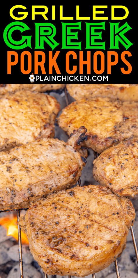 Grilled Greek Pork Chops - hands down the BEST pork chops I've ever eaten! Marinated in olive oil, lemon juice, Worcestershire sauce, onion powder, garlic powder, ground mustard, salt and pepper. I made these for a cookout and everyone raved about them. I had to give everyone the recipe!!! SO simple and SOOO delicious!!! #grilling #porkchops #grill #pork Greek Pork Chops, The Best Pork Chops, Best Pork Chops, Greek Pork, Barbecue Pork Ribs, Bbq Pork Ribs, Bbq Shrimp, Pork Rib Recipes, Grilled Pork Chops