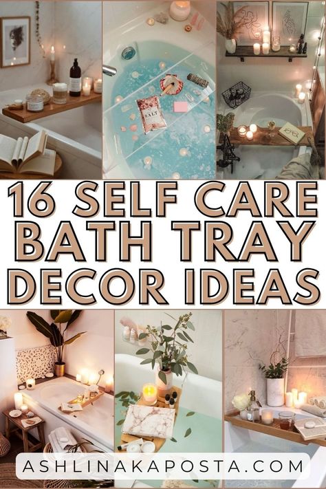 16 cozy and glam bathroom tray decor ideas for your next at home spa day — ASHLINA KAPOSTA Bathtub Accessories Ideas, Decorate Garden Tub, Bathtub Oasis Decor, Zen Bathtub Decor, How To Decorate Jacuzzi Tub Master Bath, Bath Tub Decor Ideas Relaxing, Bathroom Tub Tray Decor, Decor Around Jacuzzi Tub Master Bath, Master Bath Staging Ideas