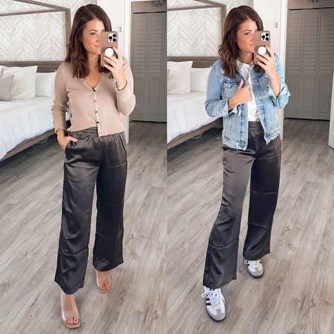 Mid-Rise Wide-Leg Satin Track … curated on LTK How To Style Wide Leg Satin Pants, Satin Cargo Pants Outfit, Wide Leg Cargo Pants Outfit, Sweet Clothes, Cargo Pants Outfit, Wide Leg Dress Pants, Satin Pants, Fall Fashion Trends, How To Style