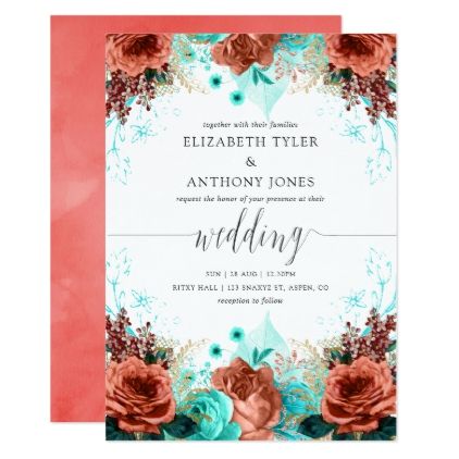 Turquoise and Coral Rustic Floral Wedding Card - autumn wedding diy marriage customize personalize couple idea individuel Turquoise Coral Weddings, Turquoise Wedding Invitations, Handwriting Typography, Rustic Floral Wedding, Teal Wedding Invitations, Wedding Entourage, Fall Wedding Diy, Coral Watercolor, Foliage Wedding