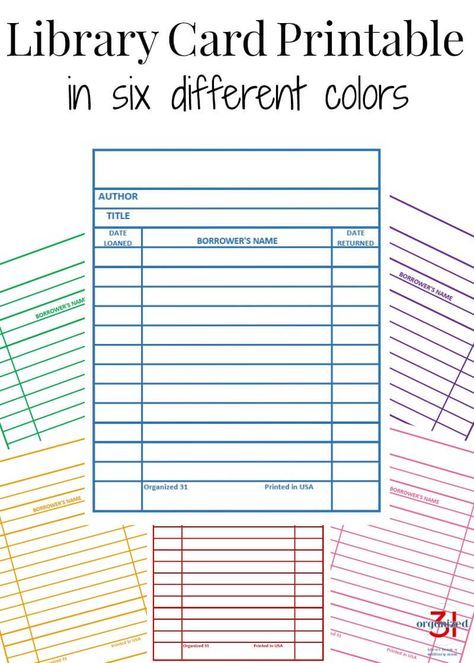 Get your free library cards printable in six different colors. Use these library cards for organizing labels, for cards, for note cards and more. Library Card Template, Book Exchange Party, Library Checkout, Book Club Parties, Book Swap, Library Cards, Lending Library, Book Exchange, Library Catalog