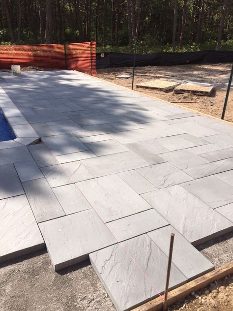 Concrete Pavers Pool Deck, Pavers Pool Area, Pavers Around Inground Pool, Pavers Patio Designs, Large Pavers Around Pool, Pool Pavers Ideas, Pavers Around Pool, Pool Patio Pavers, Pool Decking Concrete