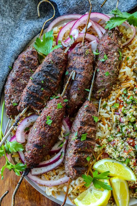 Armenian Kofta Kebab Recipe - Bonappeteach Armenian Kebab Recipe, Kofta Kebab, Rice And Vegetables, Kebab Recipe, Meat Skewers, Fluffy Rice, Armenian Recipes, Middle Eastern Dishes, Skewer Recipes