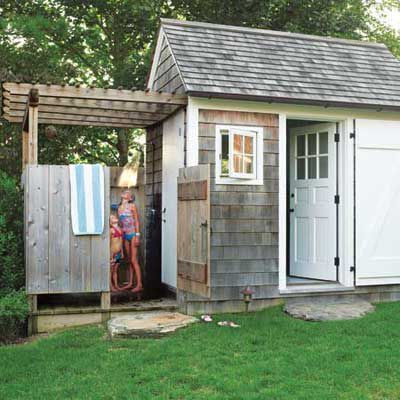 Backyard Accessories, Small Shed, Outside Showers, Pool Shed, Pool Bathroom, Pool Cabana, Outdoor Remodel, Shore House, Outdoor Bath