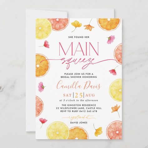 Main Squeeze Citrus Bridal Shower Lemon Bright Invitation Bridal Shower Lemon, Couples Shower Themes, She Found Her Main Squeeze, Found Her Main Squeeze, Brunch Bubbly, Citrus Wedding, Bridal Theme, Bridal Brunch Invitations, Fun Invitations