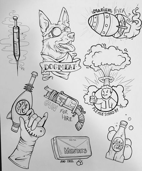 Dogmeat Tattoo, Gaming Flash Tattoo, Gaming Tattoo Designs, Video Game Flash Tattoo, Nuka Cola Tattoo, Fallout Tattoo Ideas, Black And White Tattoo Ideas, Fallout 4 Tattoos, Video Game Tattoo Ideas