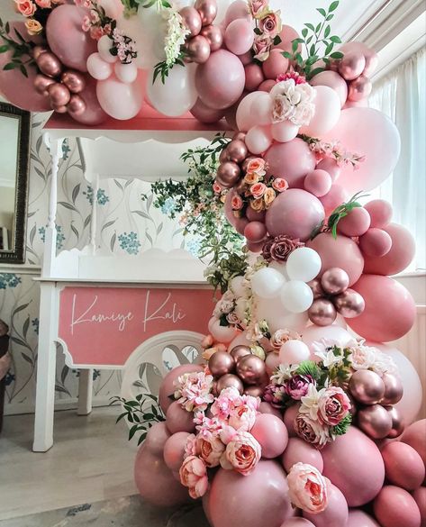 Pink Balloon And Flower Backdrop, Pink Floral Balloon Garland, Big Party Decorations, Petals And Prosecco Balloon Arch, Baby In Bloom Balloon Backdrop, Balloon Garland Flowers, Pink Balloon Garland With Flowers, Blooming Into 30, Garden Party Balloon Arch