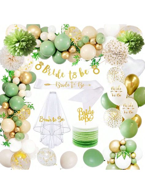 Bride To Be Balloon Garland Arch Kit, Bachelorette Party Decorations, With Bride To Be Banner, Bridal Shoulder Strap, Veil, Paper Pom Poms, Green/Gold Balloon, Heart Foil Balloon, Bridal Shower Party Supplies, Pre-Wedding Party Decor, Hen Night Party DecorI discovered amazing products on SHEIN.com, come check them out! Hen Night Party, Bride To Be Banner, Balloon Heart, Gold Bachelorette Party, Bride To Be Balloons, Pre Wedding Party, Bachelorette Decorations, Paper Pom Poms, Garland Arch