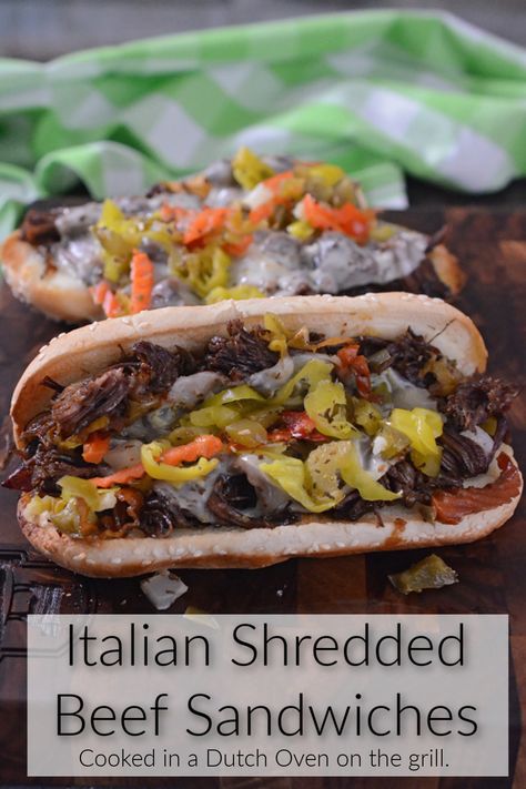 Italian Beef Sandwiches Dutch Oven, Italian Beef Dutch Oven, Italian Beef Sandwiches Oven, Braised Beef Sandwich, Dutch Oven Roast Beef, Italian Shredded Beef, Bge Recipes, Chicago Beef, Italian Roast Beef