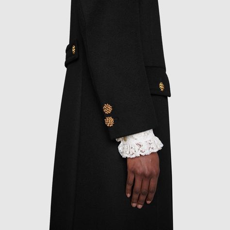 G Embroidery, Gucci Jackets, Womens Black Coat, Black Abaya, Gucci Jacket, Embroidered Coat, Jackets Black, Long Black Coat, Black Wool Coat